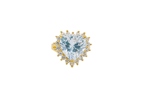 14KT Gold Ring Women's Jumbo Heart White Center CZ with Round White CZ Stones Border and Plain Split Band