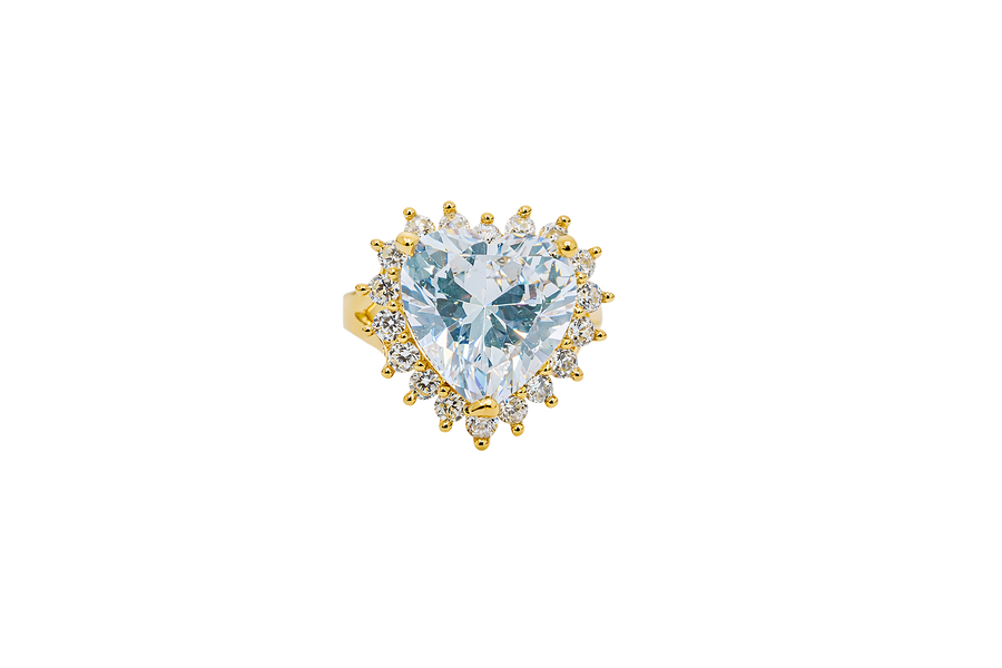 14KT Gold Ring Women's Jumbo Heart White Center CZ with Round White CZ Stones Border and Plain Split Band