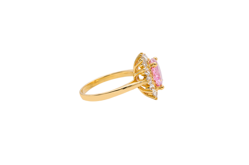 14KT Gold Ring Women's Jumbo Round Pink Center CZ with Round White CZ Stones Border and Plain Band