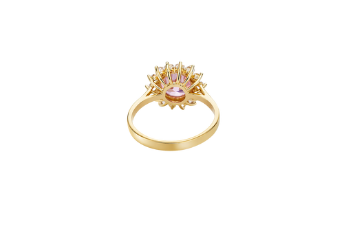 14KT Gold Ring Women's Jumbo Round Pink Center CZ with Round White CZ Stones Border and Plain Band
