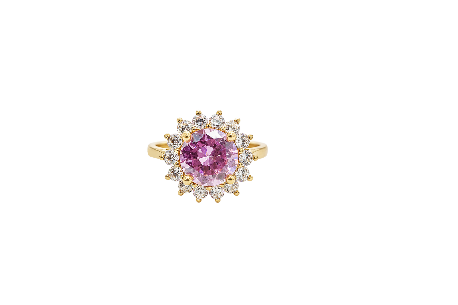14KT Gold Ring Women's Jumbo Round Pink Center CZ with Round White CZ Stones Border and Plain Band