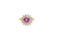 14KT Gold Ring Women's Jumbo Round Pink Center CZ with Round White CZ Stones Border and Plain Band