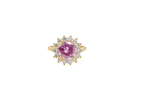 14KT Gold Ring Women's Jumbo Round Pink Center CZ with Round White CZ Stones Border and Plain Band