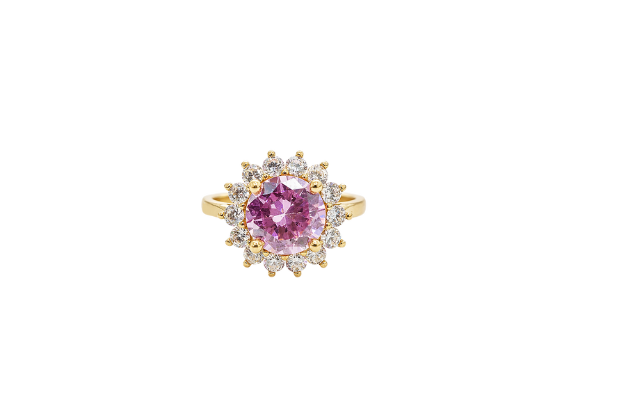 14KT Gold Ring Women's Jumbo Round Pink Center CZ with Round White CZ Stones Border and Plain Band