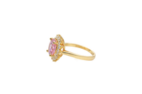 14KT Gold Ring Women's Jumbo Round Pink Center CZ with Round White CZ Stones Border and Plain Band
