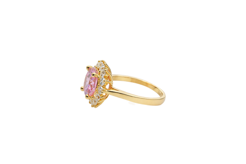 14KT Gold Ring Women's Jumbo Round Pink Center CZ with Round White CZ Stones Border and Plain Band