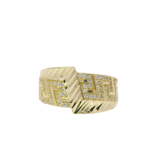 14KT Gold Ring Women's Jumbo White CZ Stone Greek Band with Diamond Cut Lightning Bolt Across Center of Band