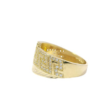 14KT Gold Ring Women's Jumbo White CZ Stone Greek Band with Diamond Cut Lightning Bolt Across Center of Band