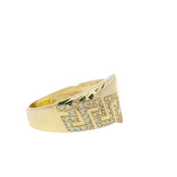 14KT Gold Ring Women's Jumbo White CZ Stone Greek Band with Diamond Cut Lightning Bolt Across Center of Band