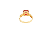 14KT Gold Ring Women's Jumbo Round Red Center CZ Stone Plain Shoulders Triple Row of White CZ Stones Band
