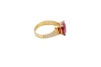 14KT Gold Ring Women's Jumbo Round Red Center CZ Stone Plain Shoulders Triple Row of White CZ Stones Band