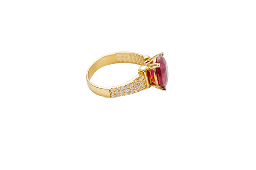 14KT Gold Ring Women's Jumbo Round Red Center CZ Stone Plain Shoulders Triple Row of White CZ Stones Band