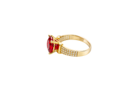 14KT Gold Ring Women's Jumbo Round Red Center CZ Stone Plain Shoulders Triple Row of White CZ Stones Band