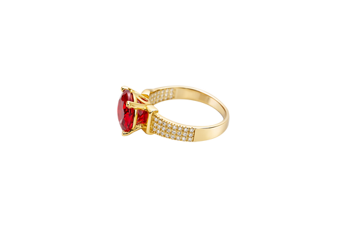 14KT Gold Ring Women's Jumbo Round Red Center CZ Stone Plain Shoulders Triple Row of White CZ Stones Band