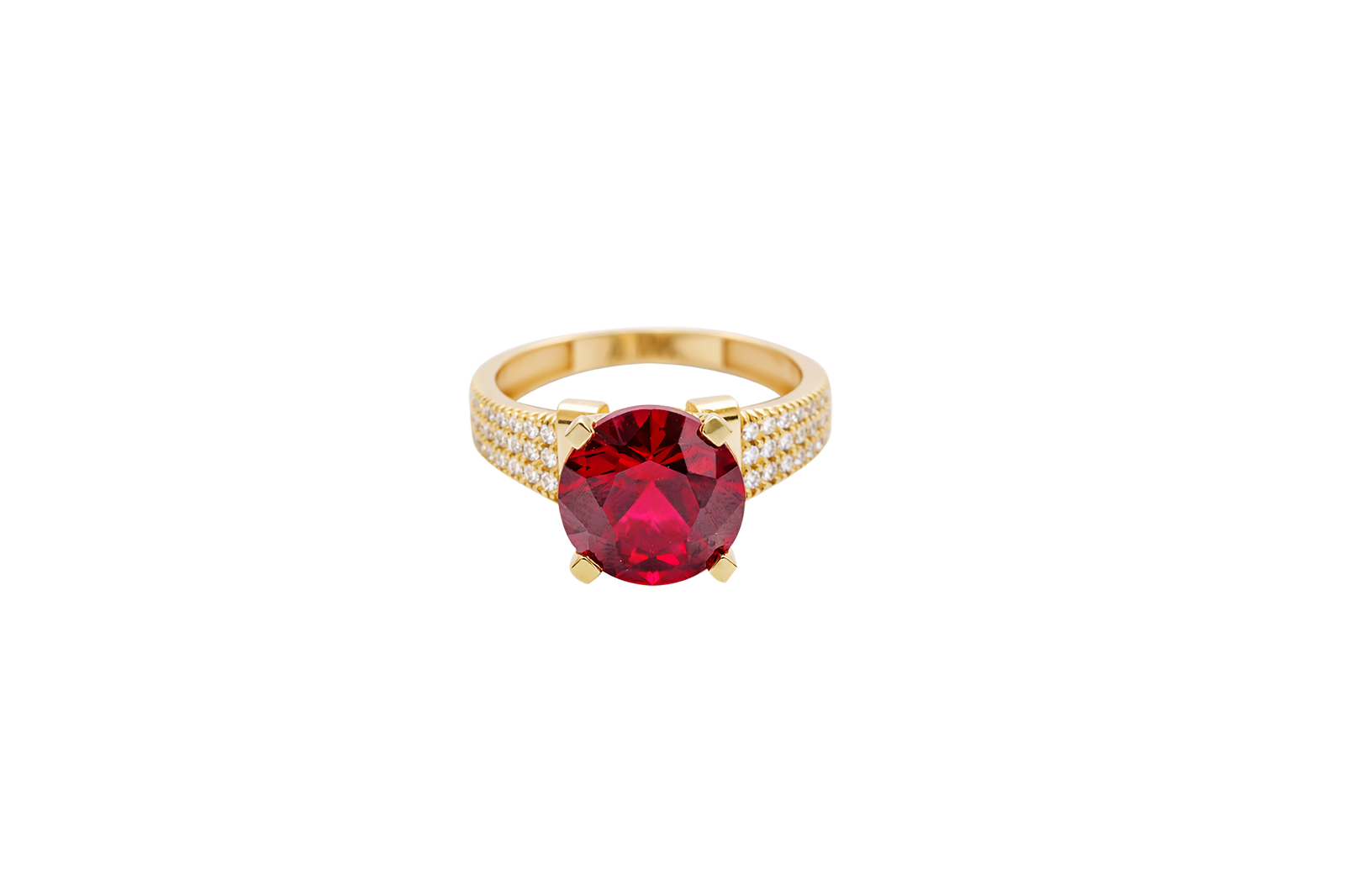 14KT Gold Ring Women's Jumbo Round Red Center CZ Stone Plain Shoulders Triple Row of White CZ Stones Band