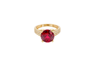 14KT Gold Ring Women's Jumbo Round Red Center CZ Stone Plain Shoulders Triple Row of White CZ Stones Band