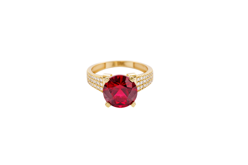 14KT Gold Ring Women's Jumbo Round Red Center CZ Stone Plain Shoulders Triple Row of White CZ Stones Band