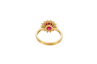 14KT Gold Ring Women's Jumbo Round Red Center CZ with Round White CZ Stones Border and Plain Band