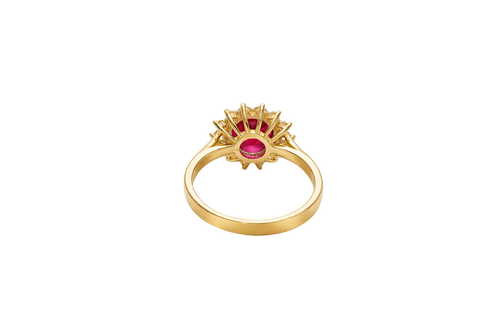 14KT Gold Ring Women's Jumbo Round Red Center CZ with Round White CZ Stones Border and Plain Band