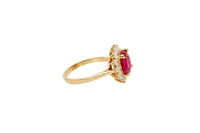 14KT Gold Ring Women's Jumbo Round Red Center CZ with Round White CZ Stones Border and Plain Band