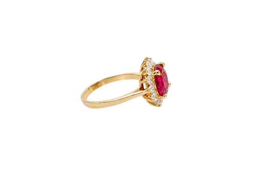 14KT Gold Ring Women's Jumbo Round Red Center CZ with Round White CZ Stones Border and Plain Band
