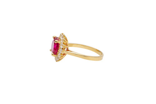 14KT Gold Ring Women's Jumbo Round Red Center CZ with Round White CZ Stones Border and Plain Band