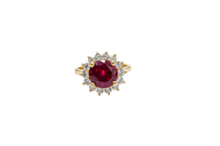 14KT Gold Ring Women's Jumbo Round Red Center CZ with Round White CZ Stones Border and Plain Band