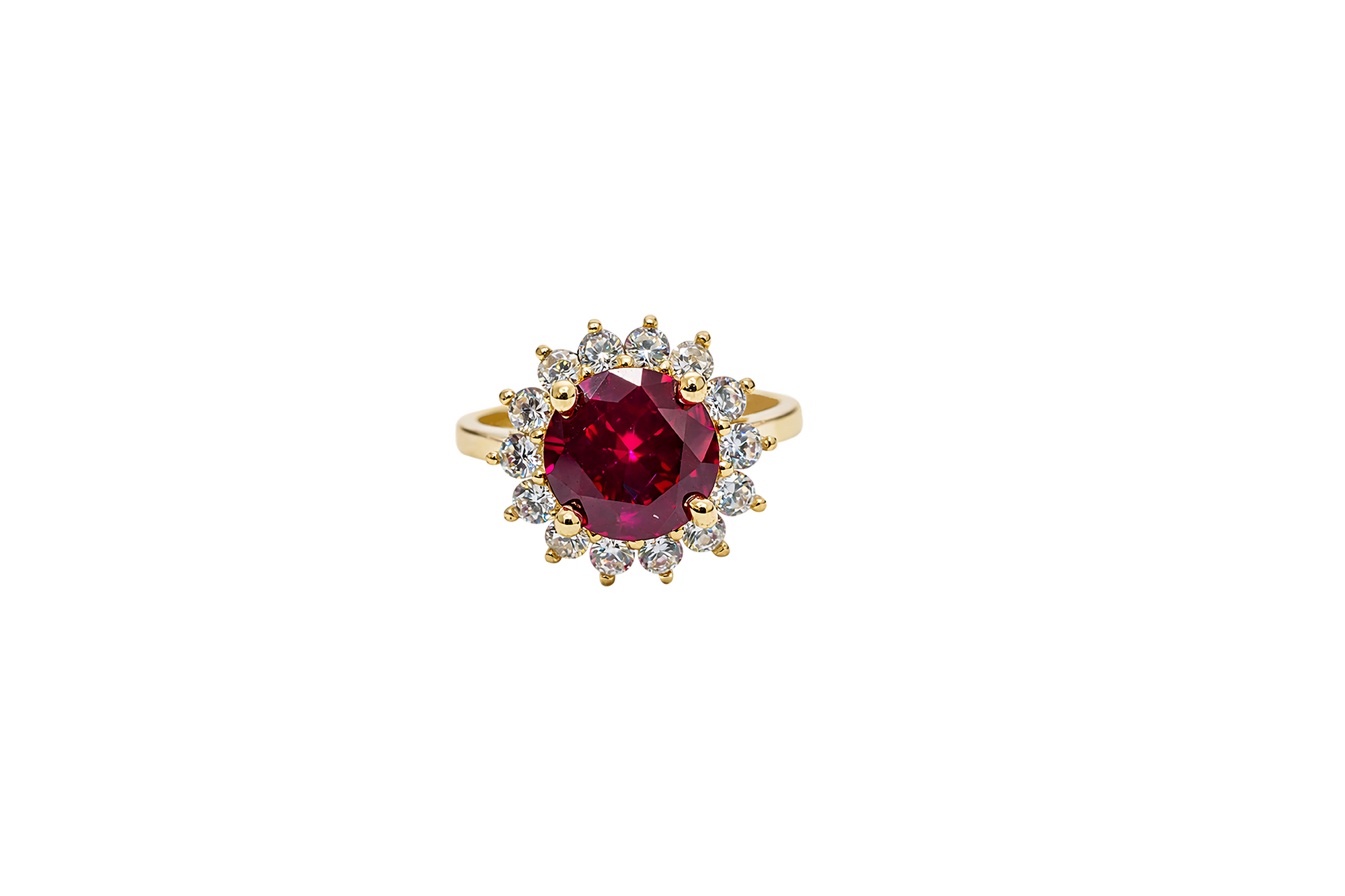 14KT Gold Ring Women's Jumbo Round Red Center CZ with Round White CZ Stones Border and Plain Band