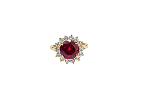 14KT Gold Ring Women's Jumbo Round Red Center CZ with Round White CZ Stones Border and Plain Band