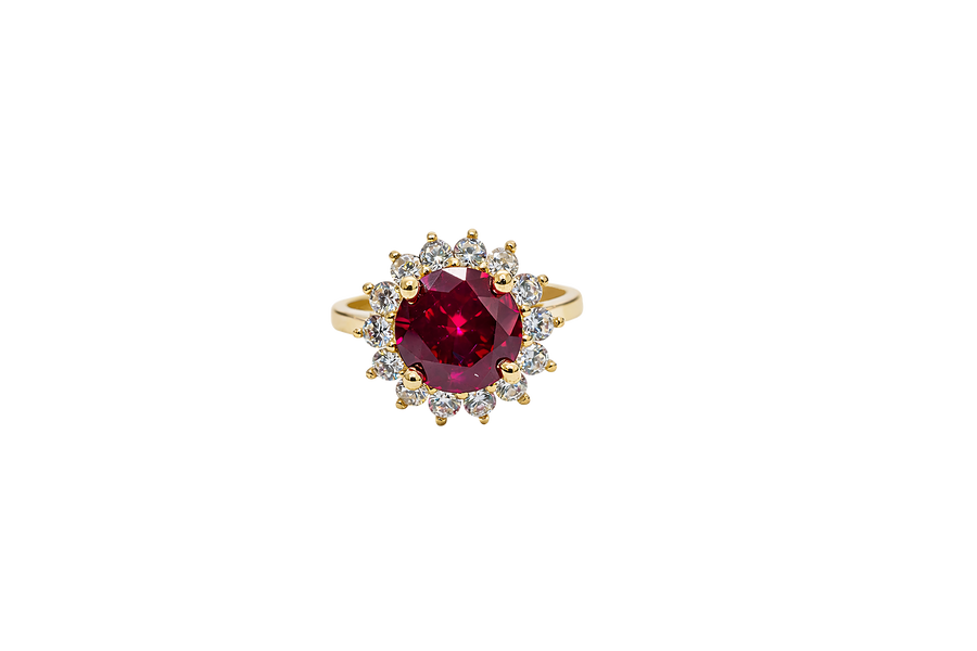 14KT Gold Ring Women's Jumbo Round Red Center CZ with Round White CZ Stones Border and Plain Band