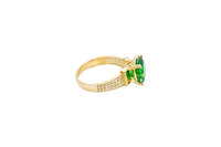 14KT Gold Ring Women's Jumbo Round Dark Green Center CZ Stone Plain Shoulders Triple Row of White CZ Stones Band