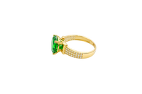 14KT Gold Ring Women's Jumbo Round Dark Green Center CZ Stone Plain Shoulders Triple Row of White CZ Stones Band