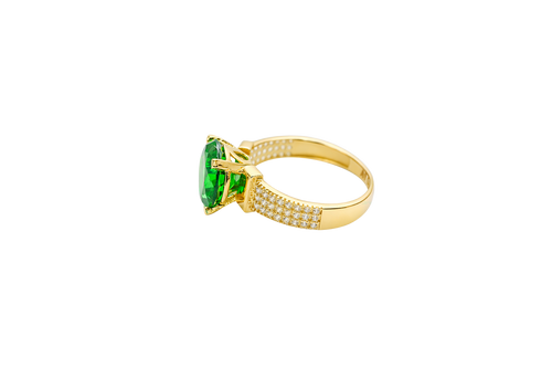 14KT Gold Ring Women's Jumbo Round Dark Green Center CZ Stone Plain Shoulders Triple Row of White CZ Stones Band