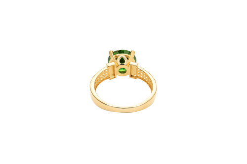 14KT Gold Ring Women's Jumbo Round Dark Green Center CZ Stone Plain Shoulders Triple Row of White CZ Stones Band