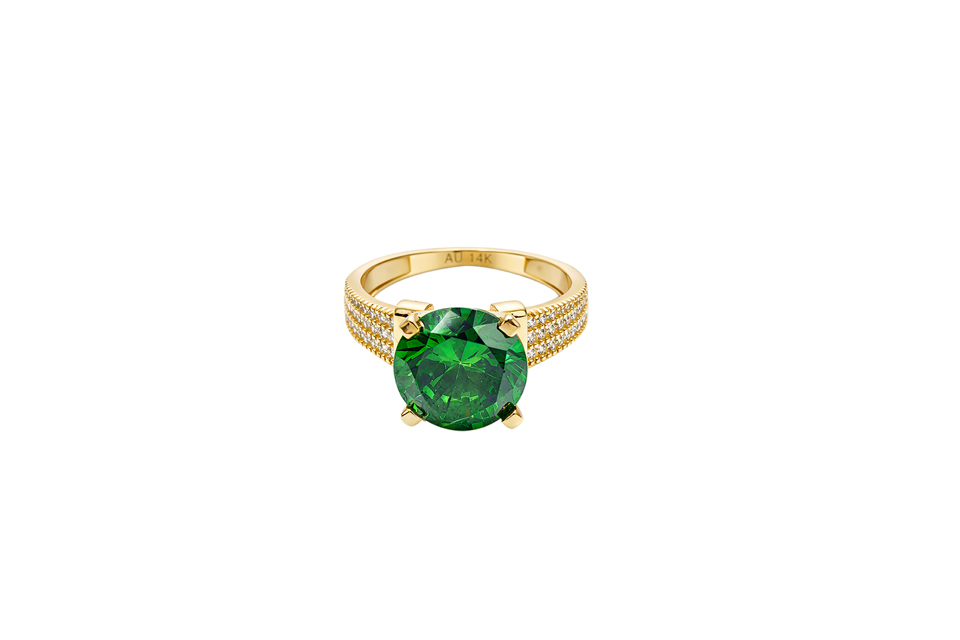 14KT Gold Ring Women's Jumbo Round Dark Green Center CZ Stone Plain Shoulders Triple Row of White CZ Stones Band