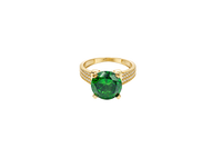 14KT Gold Ring Women's Jumbo Round Dark Green Center CZ Stone Plain Shoulders Triple Row of White CZ Stones Band