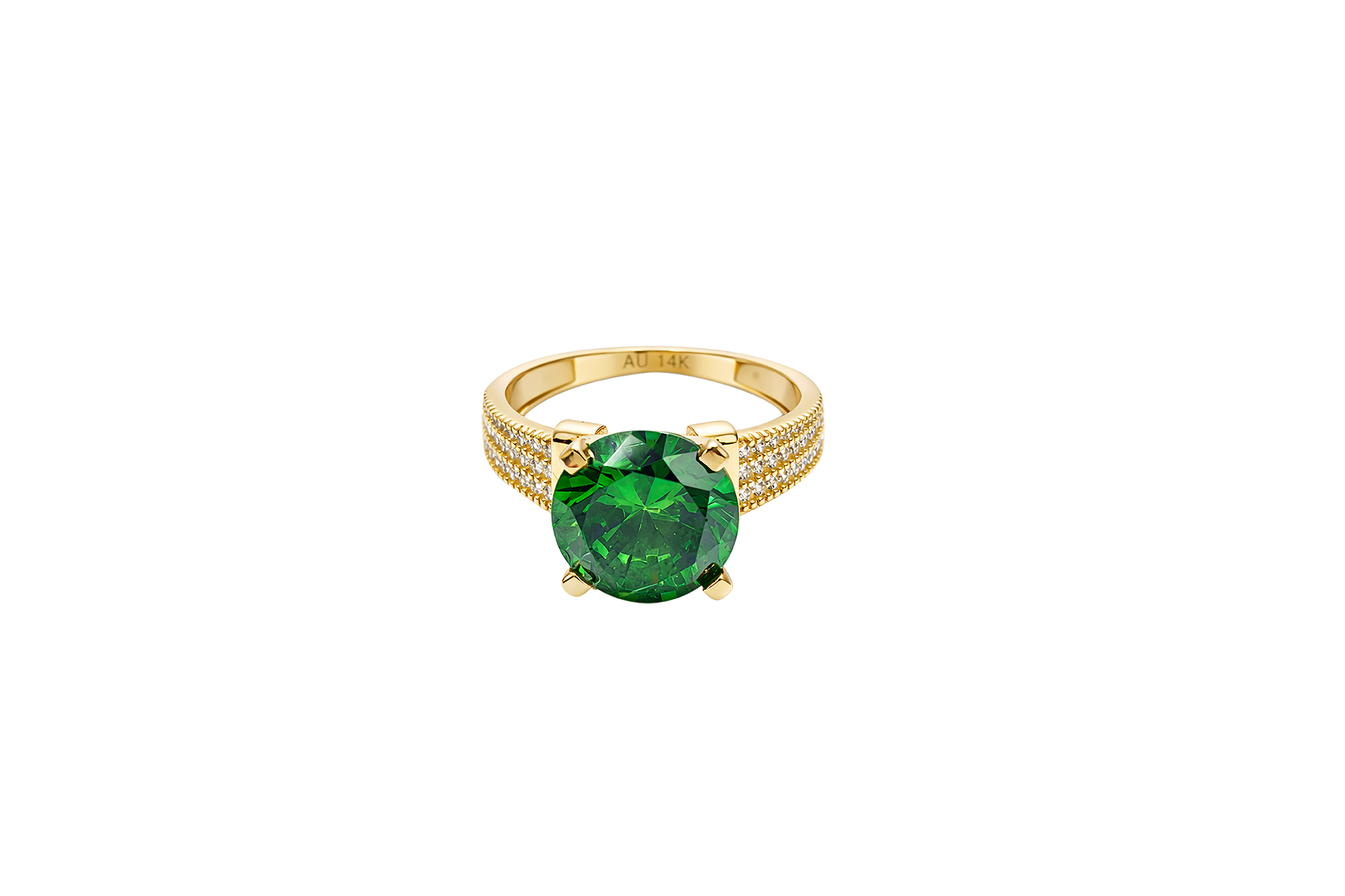 14KT Gold Ring Women's Jumbo Round Dark Green Center CZ Stone Plain Shoulders Triple Row of White CZ Stones Band