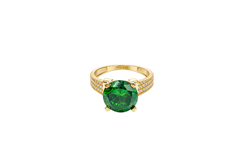 14KT Gold Ring Women's Jumbo Round Dark Green Center CZ Stone Plain Shoulders Triple Row of White CZ Stones Band