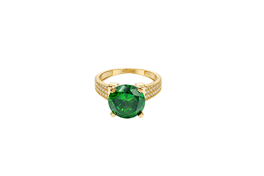 14KT Gold Ring Women's Jumbo Round Dark Green Center CZ Stone Plain Shoulders Triple Row of White CZ Stones Band
