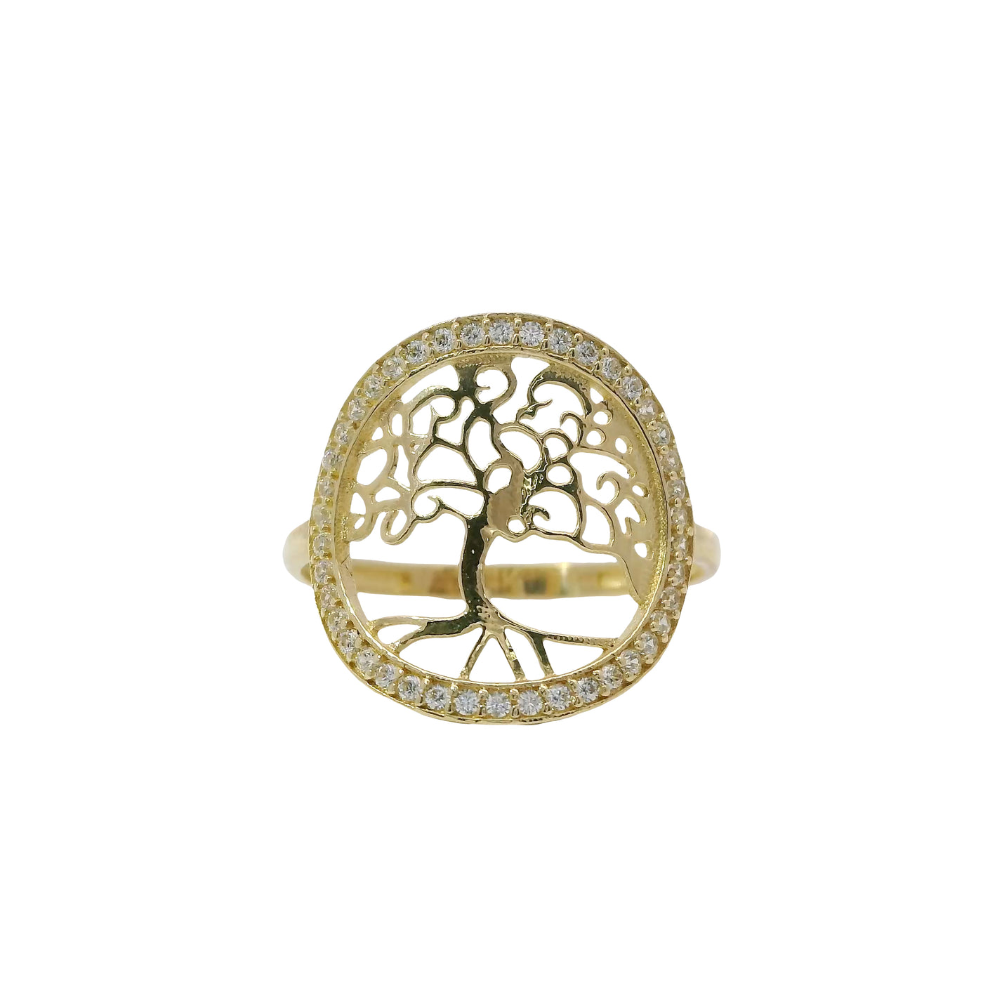 14KT Gold Ring Women's Jumbo Round Tree of Life with Swirl Leaves and White CZ Stone Border Plain Band