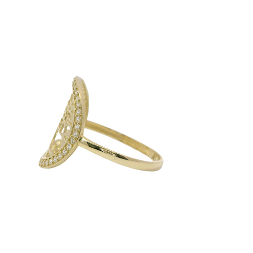 14KT Gold Ring Women's Jumbo Round Tree of Life with Swirl Leaves and White CZ Stone Border Plain Band