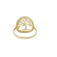 14KT Gold Ring Women's Jumbo Round Tree of Life with Swirl Leaves and White CZ Stone Border Plain Band