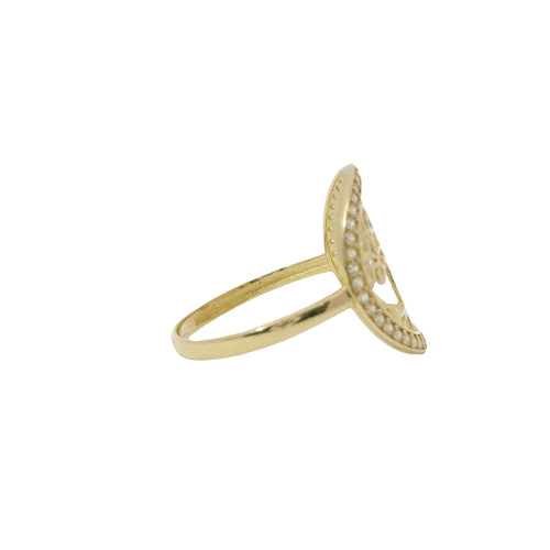 14KT Gold Ring Women's Jumbo Round Tree of Life with Swirl Leaves and White CZ Stone Border Plain Band