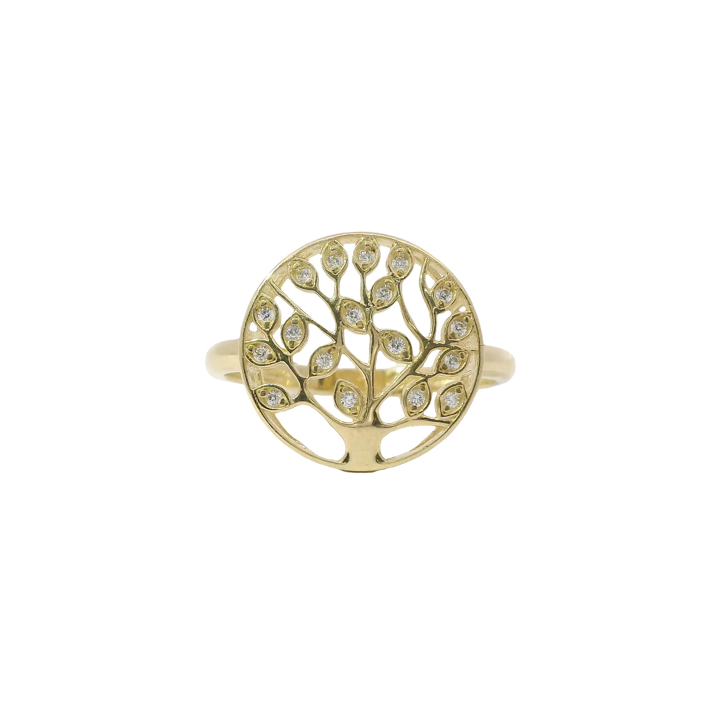 14KT Gold Ring Women's Jumbo Round Tree of Life with White CZ Stone Leaves Plain Band