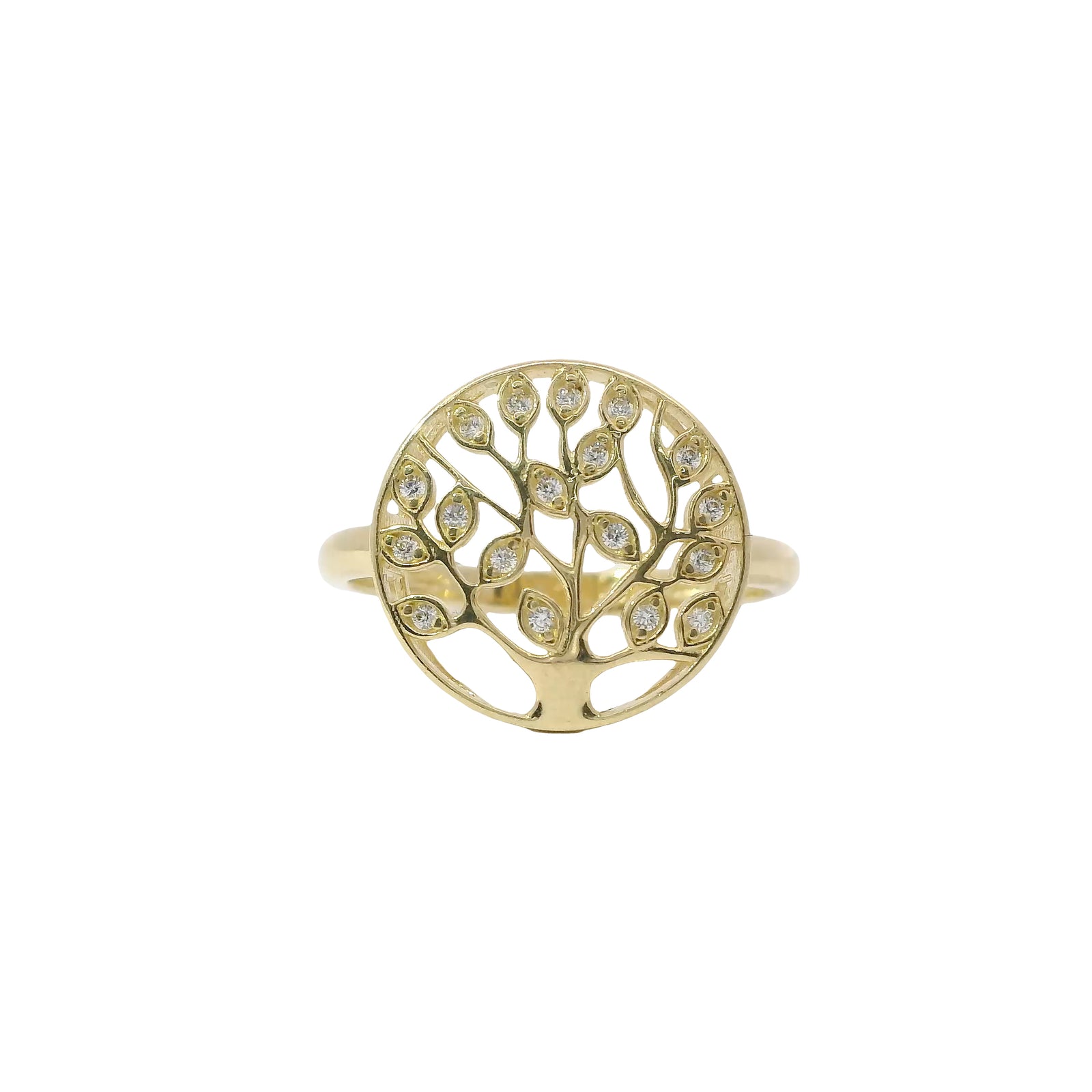 14KT Gold Ring Women's Jumbo Round Tree of Life with White CZ Stone Leaves Plain Band