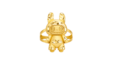 14KT Gold Ring Women's 3D Jumbo Labubu with Plain Split Band