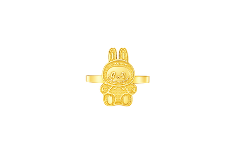 14KT Gold Ring Women's Small Flat Labubu with Plain Band