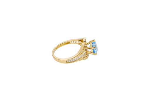 14KT Gold Ring Women's Light Blue Round 6 Prong Center CZ with White Baguette CZ Band and Plain Lips Border