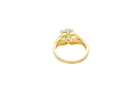 14KT Gold Ring Women's Light Blue Round 6 Prong Center CZ with White Baguette CZ Band and Plain Lips Border