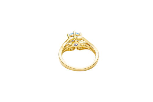 14KT Gold Ring Women's Light Blue Round 6 Prong Center CZ with White Baguette CZ Band and Plain Lips Border